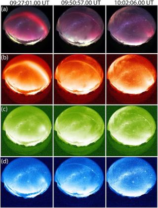 The complete set of auroral images taken by a citizen scientist, showing the auroral objects through a range of color filters.