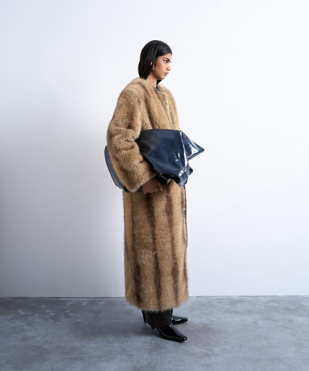 White Stripe Faux Fur Collarless Mid-Length Coat