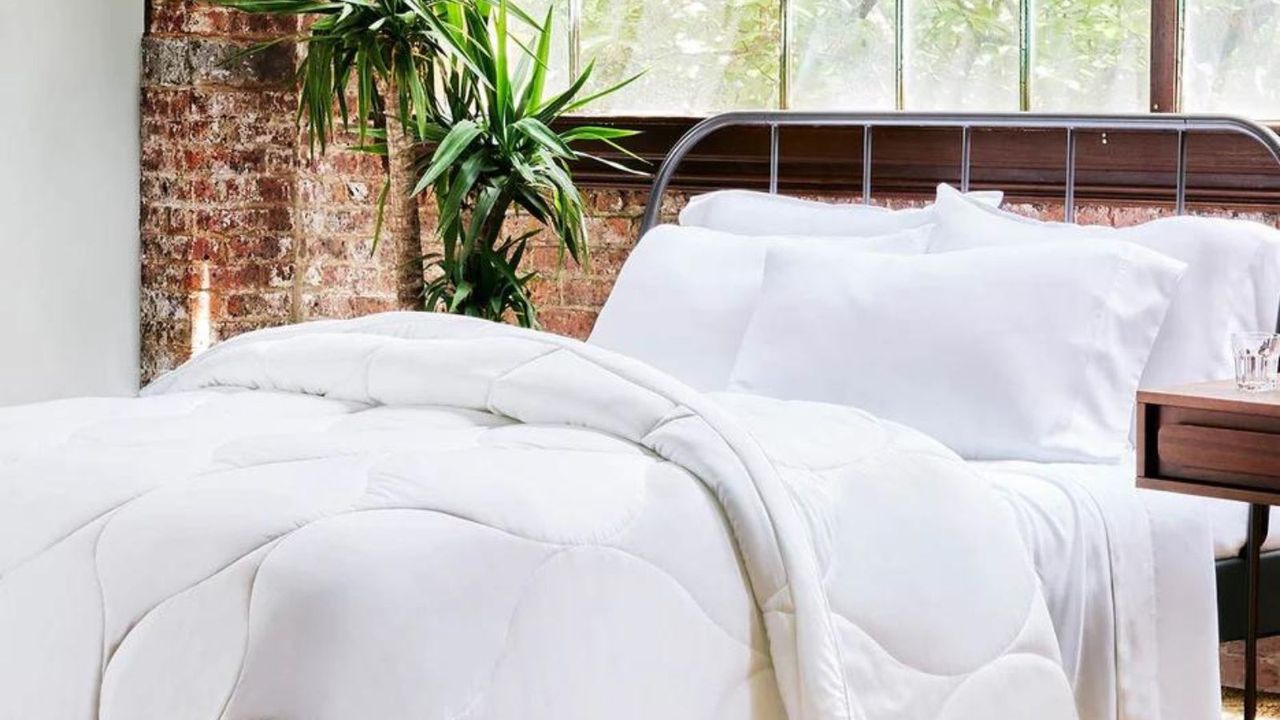 Some of the best bedding in the Memorial Day sales, the Buffy Cloud Comforter. on a bed against a brick wall.