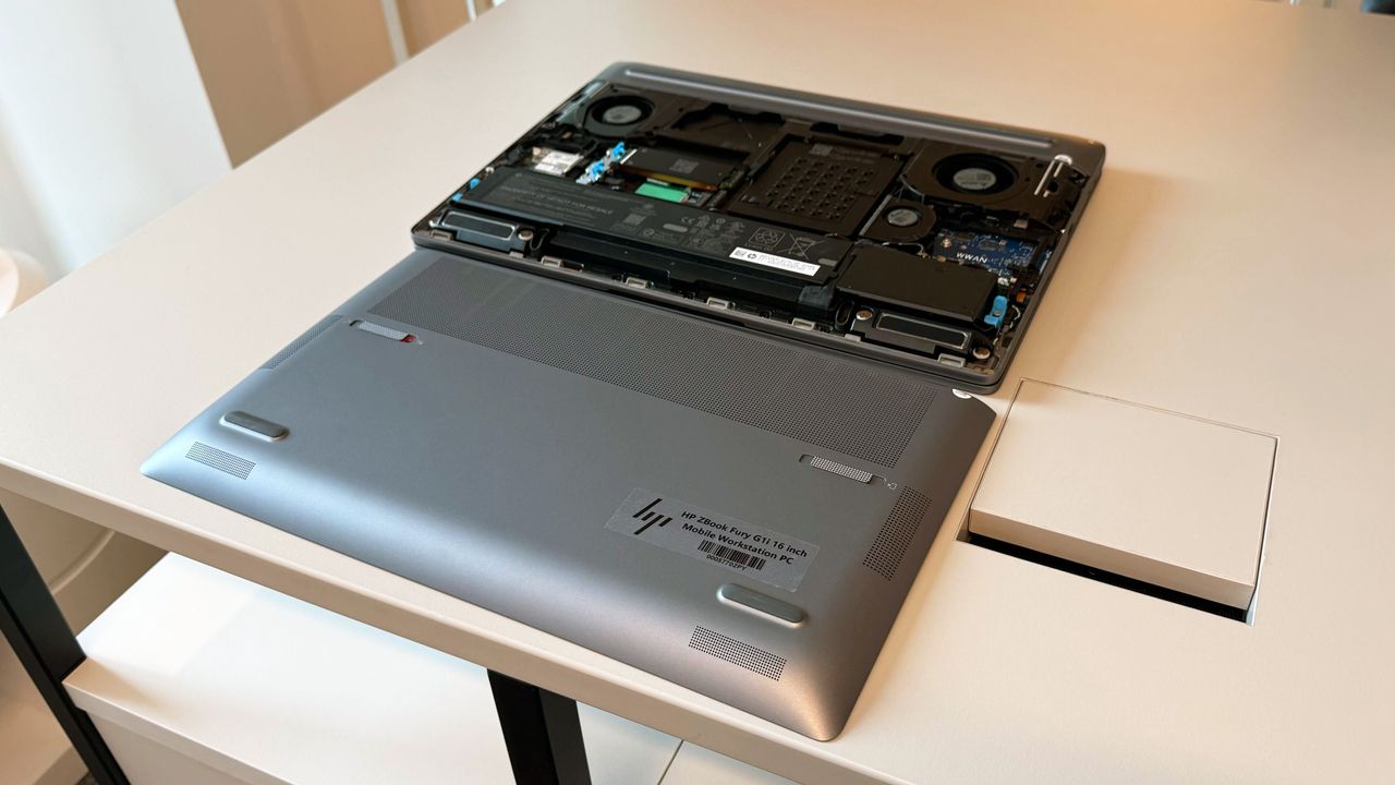 The inside of the HP ZBook Fury 16 G1i chassis, showing the easy upgrade slots for RAM, SSD, and battery replacement.