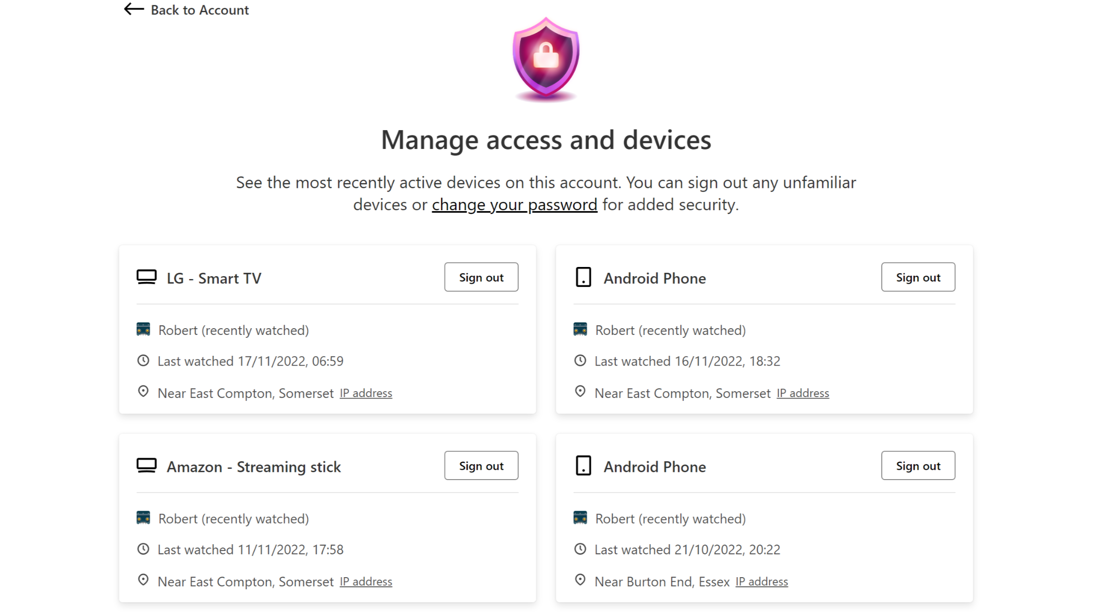 Netflix Manage Access and Devices screen