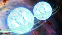 An illustration showing two neutron stars meeting and merging