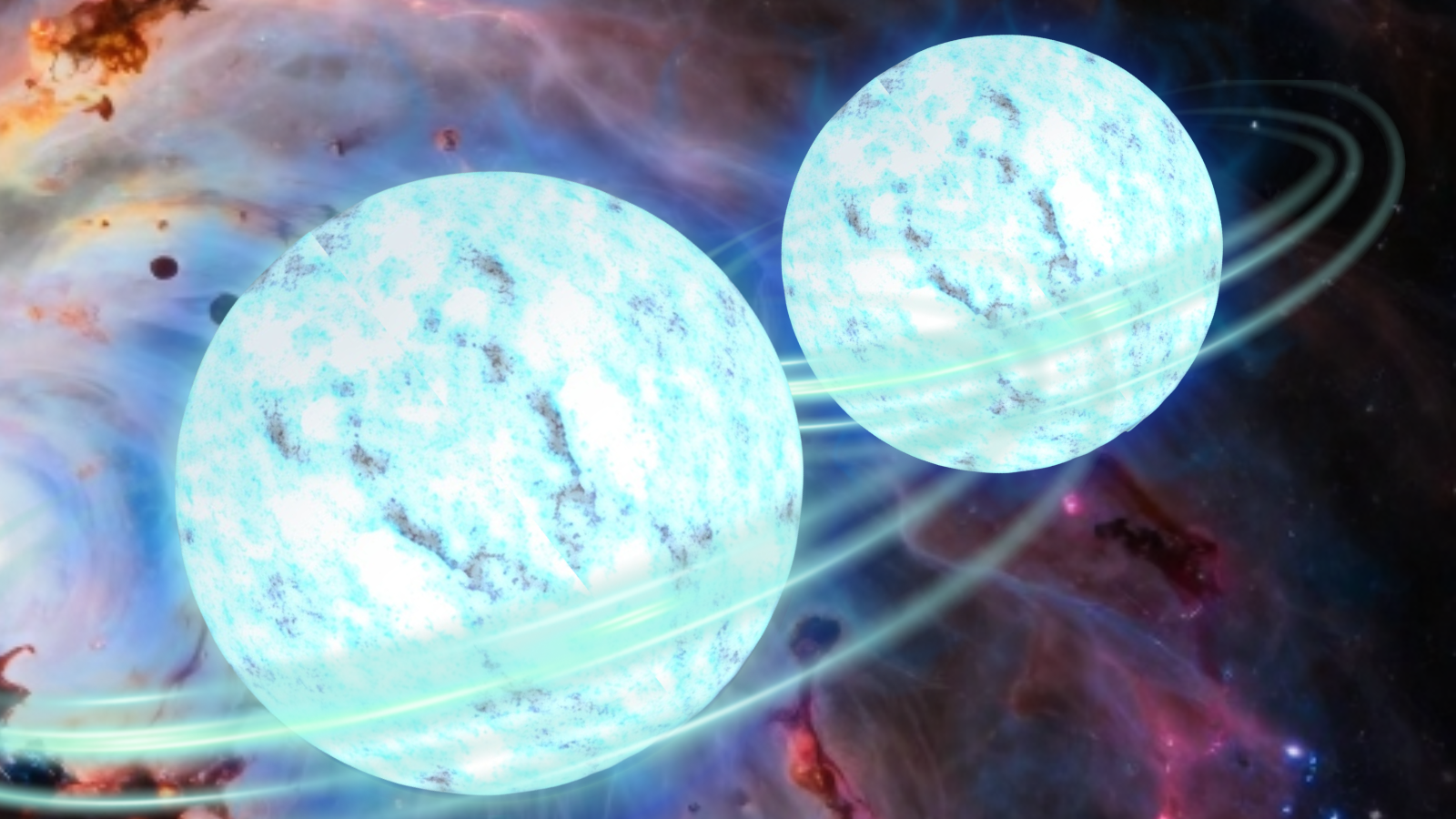 An illustration showing two neutron stars meeting and merging