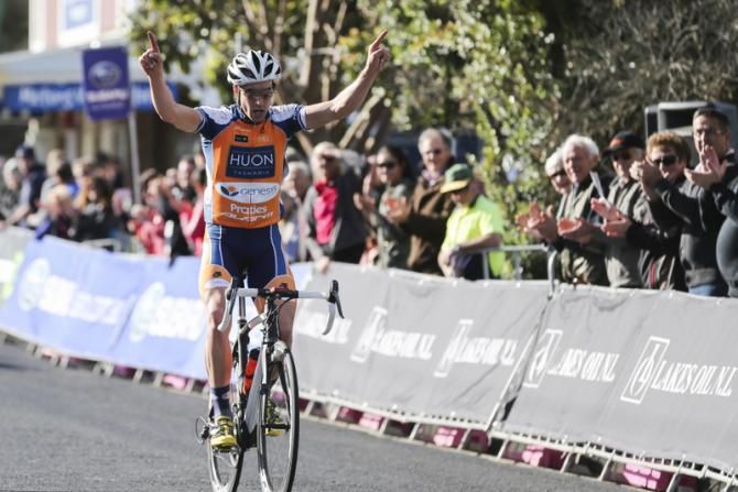 Joe Cooper (Huon-Genesys) celebrates his solo victory in Metung at the 2013 Tour of Gippsland
