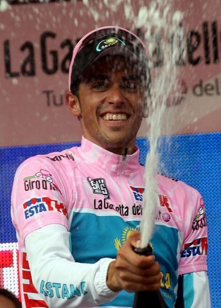 Finally, a smile from Contador who had a hard day in the saddle defending his pink jersey.