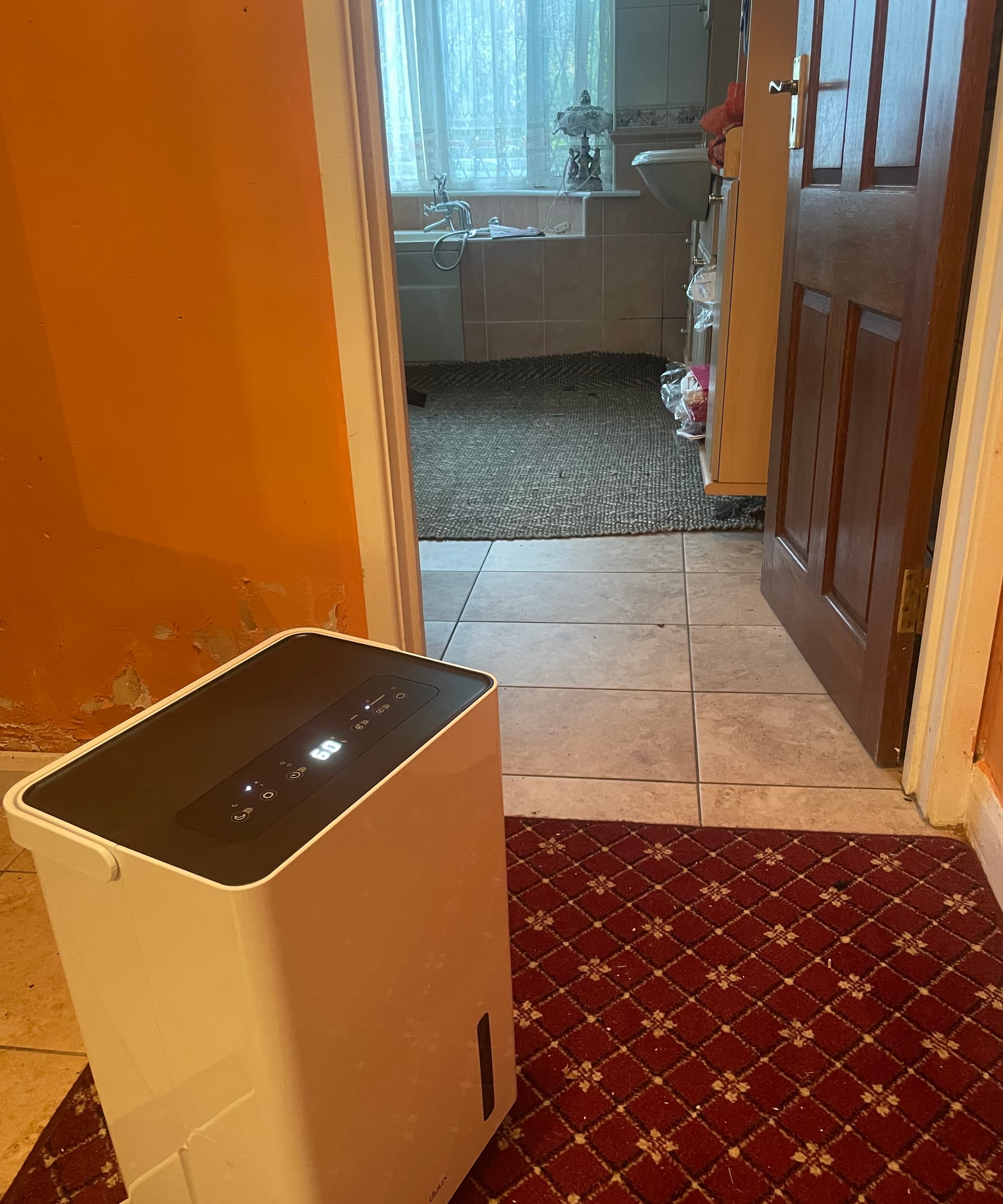 A Duux Bora Dehumidifier outside a downstairs bathroom