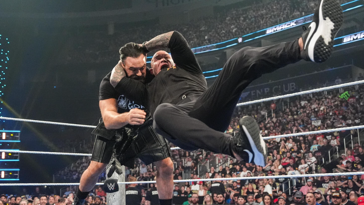 Randy Orton delivers an RKO to Drew McIntyre