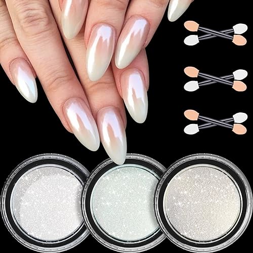 Glass-like pearl chrome nail polish - 3 boxes Aurora ice transparent white chrome powder for nail glass donut pearl magic nail powder mirror pigment pigment glitter: Amazon.co.uk: beauty