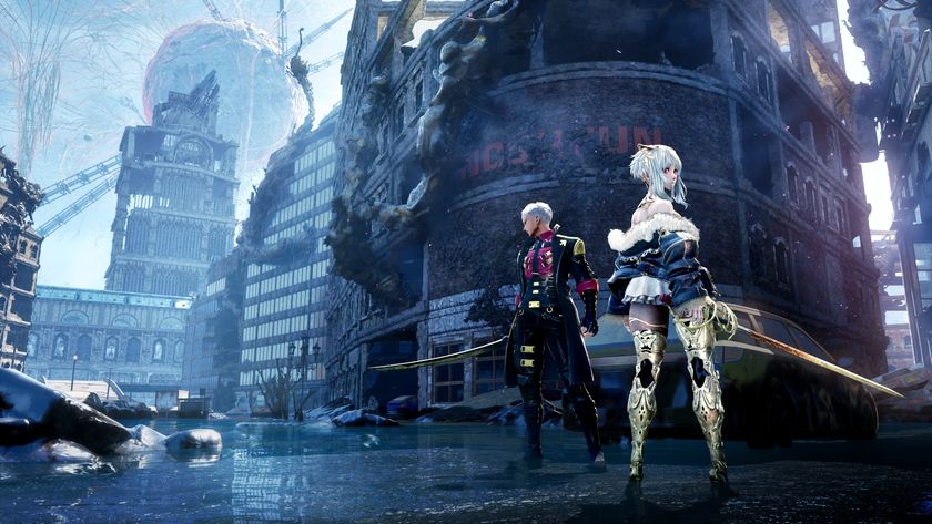 Code Vein 2 promotional art featuring the protagonist and partner Lou amidst a destroyed, waterlogged city