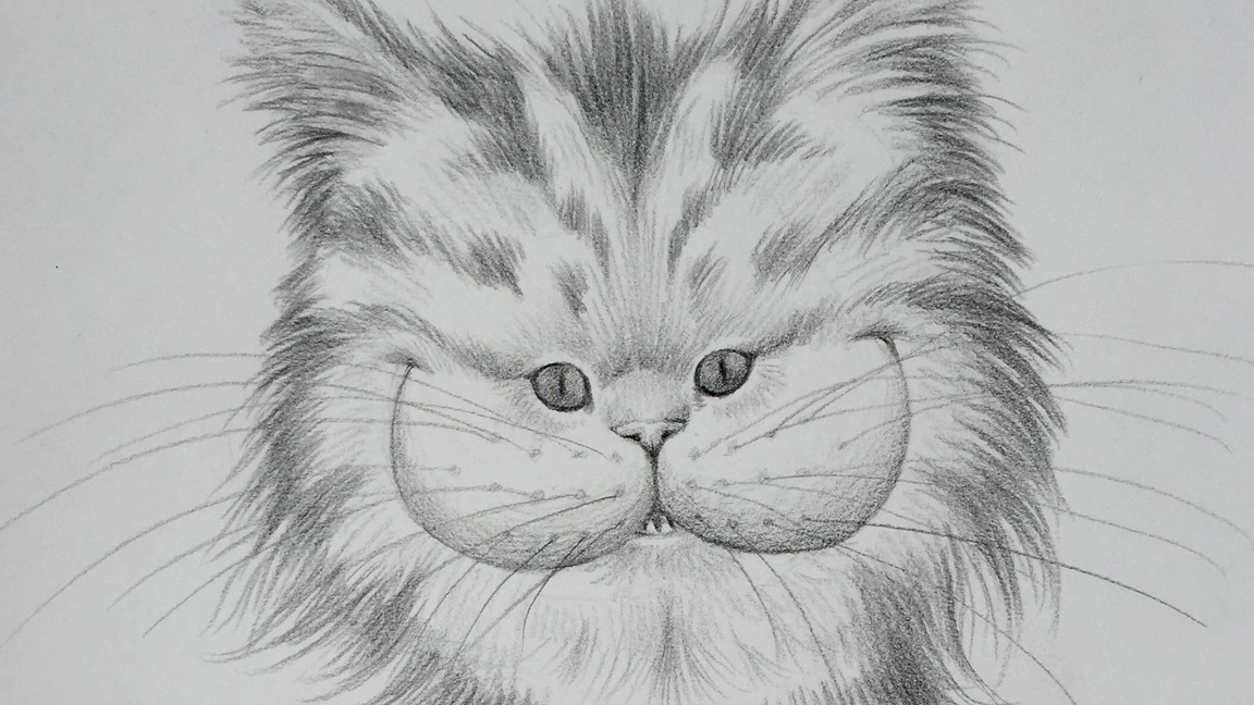 Pencil drawing of a smiling cat