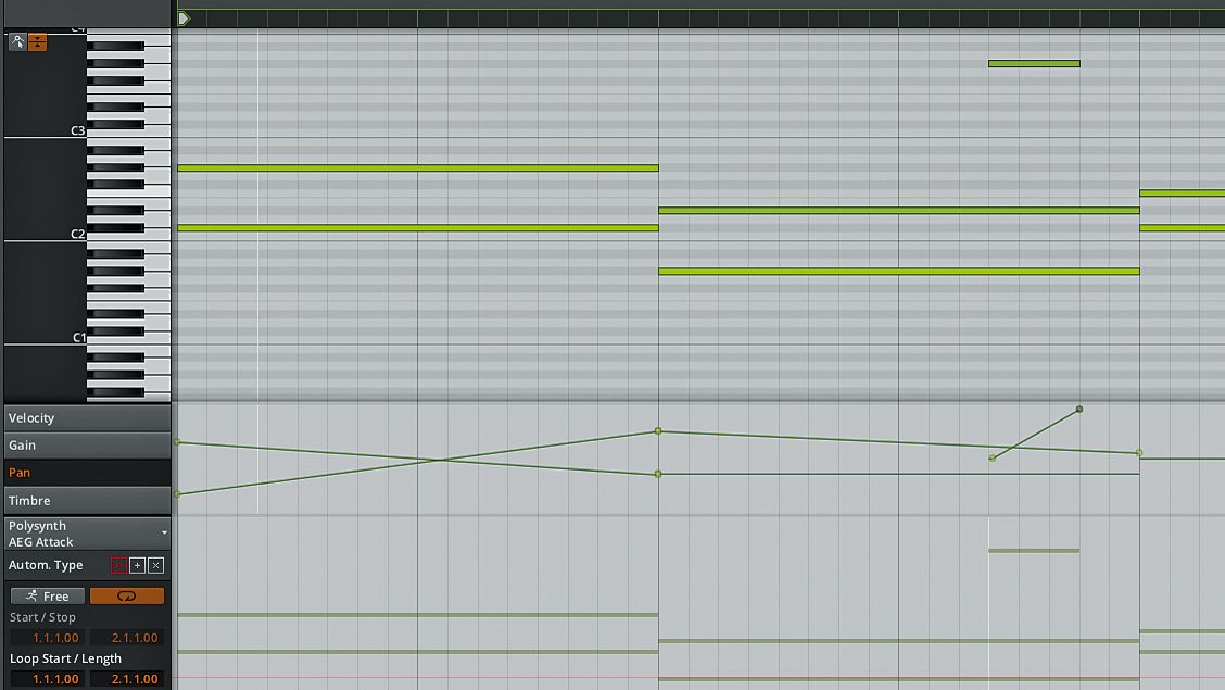 With Bitwig's per-note automation, things like pan, pitch and timbre can be controlled on a note-by-note basis.