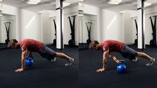 Ashton Turner demonstrates plank drag abs exercise with a kettlebell