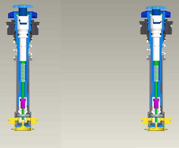 The platform on Rock Shox' new Mission Control damper is turned on or off using a crown-mounted toggle switch that opens or closes the Motion Control valve (blue), located at the very bottom of the damper.