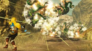 A screenshot from Hyrule Warriors Age of Calamity, showing Zelda using Stasis powers on a group of Lizalfos