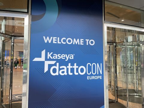 Kaseya DattoCon Europe 2023 logo appearing on the front of the Dublin convention center