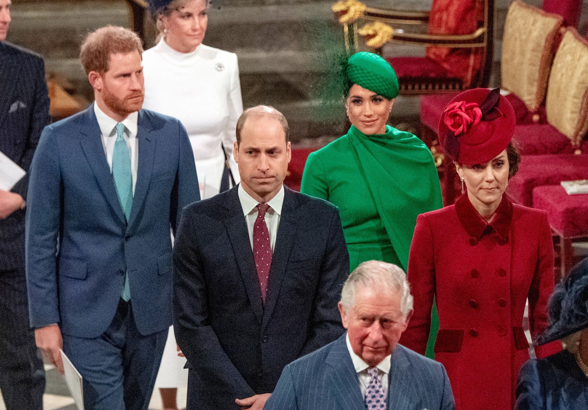 Prince William, Prince Harry, Princess Kate, King Charles and Meghan Markle leaving church on Commonwealth Day 2020