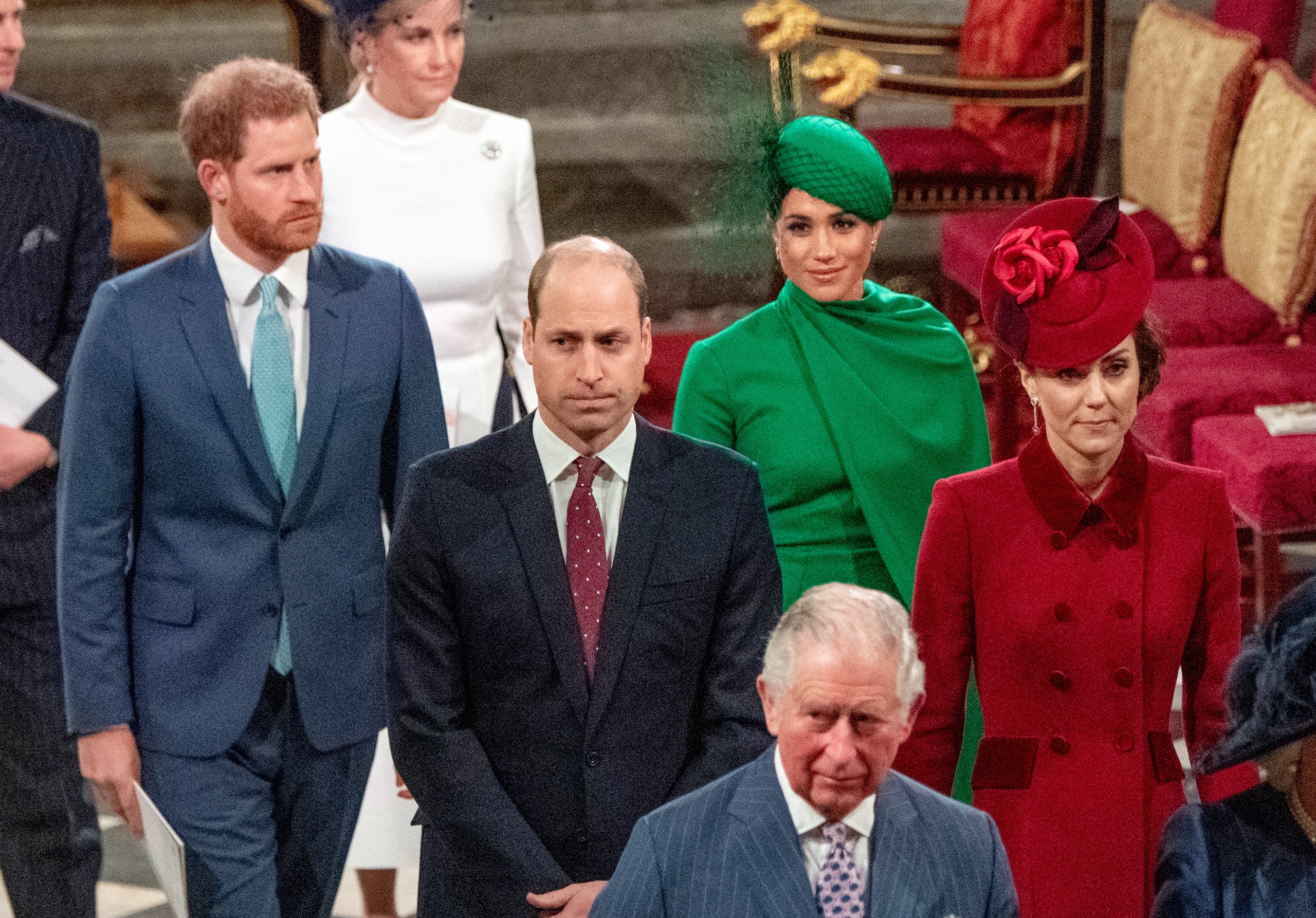 Prince William, Prince Harry, Princess Kate, King Charles and Meghan Markle leaving church on Commonwealth Day 2020