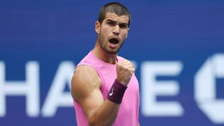 Carlos Alcarez celebrating in his win over Novak Djokovic in the semi-final of the US Open 2025