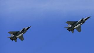 Mikoyan MiG-31K fighter jets with Kinzhal hypersonic missiles fly over Moscow's Red Square during the Victory Day military parade in Moscow, Russia, on May 09, 2018. Russia has claimed it used these missiles for the first time in combat with Ukraine.