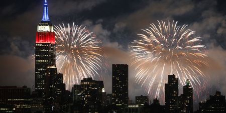 The Macy's fireworks show lights up the sky over New York City on July 4, 2017, as seen from Union City, NJ. (Photo by Gary Hershorn/Getty Images)