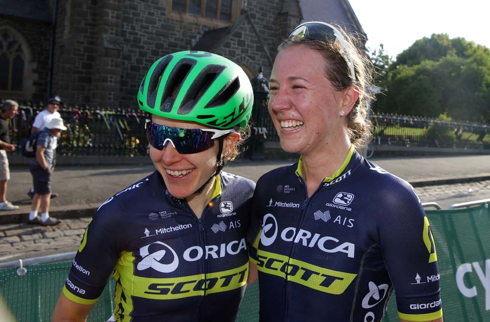 Allen celebrates with her Orica-Scott team