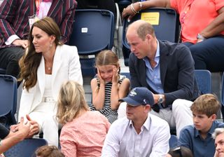 Prince William, Duke of Cambridge, Catherine, Duchess of Cambridge and Princess Charlotte of Cambridge attend the hockey during the 2022 Commonwealth Games on August 02, 2022 in Birmingham, England