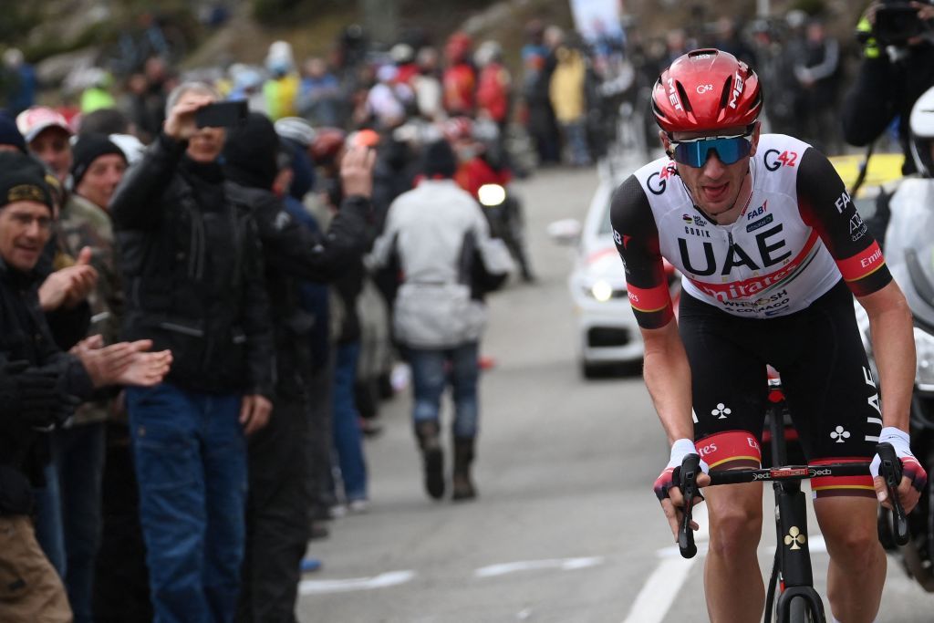 UAE Team Emirates US rider Brandon McNulty leads a breakaway during the 5th stage of the 80th Paris Nice cycling race 189 km between SaintJustSaintRambert and SaintSauveurdeMontagut on March 10 2022 Photo by FRANCK FIFE AFP Photo by FRANCK FIFEAFP via Getty Images