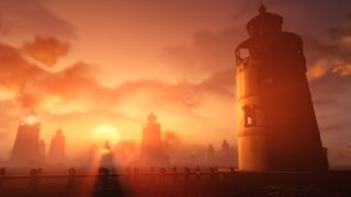 Bioshock Infinite screenshot showing sunset behind lighthouses