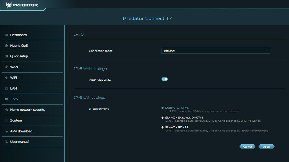 A screenshot of the Acer Predator Connect T7 app.