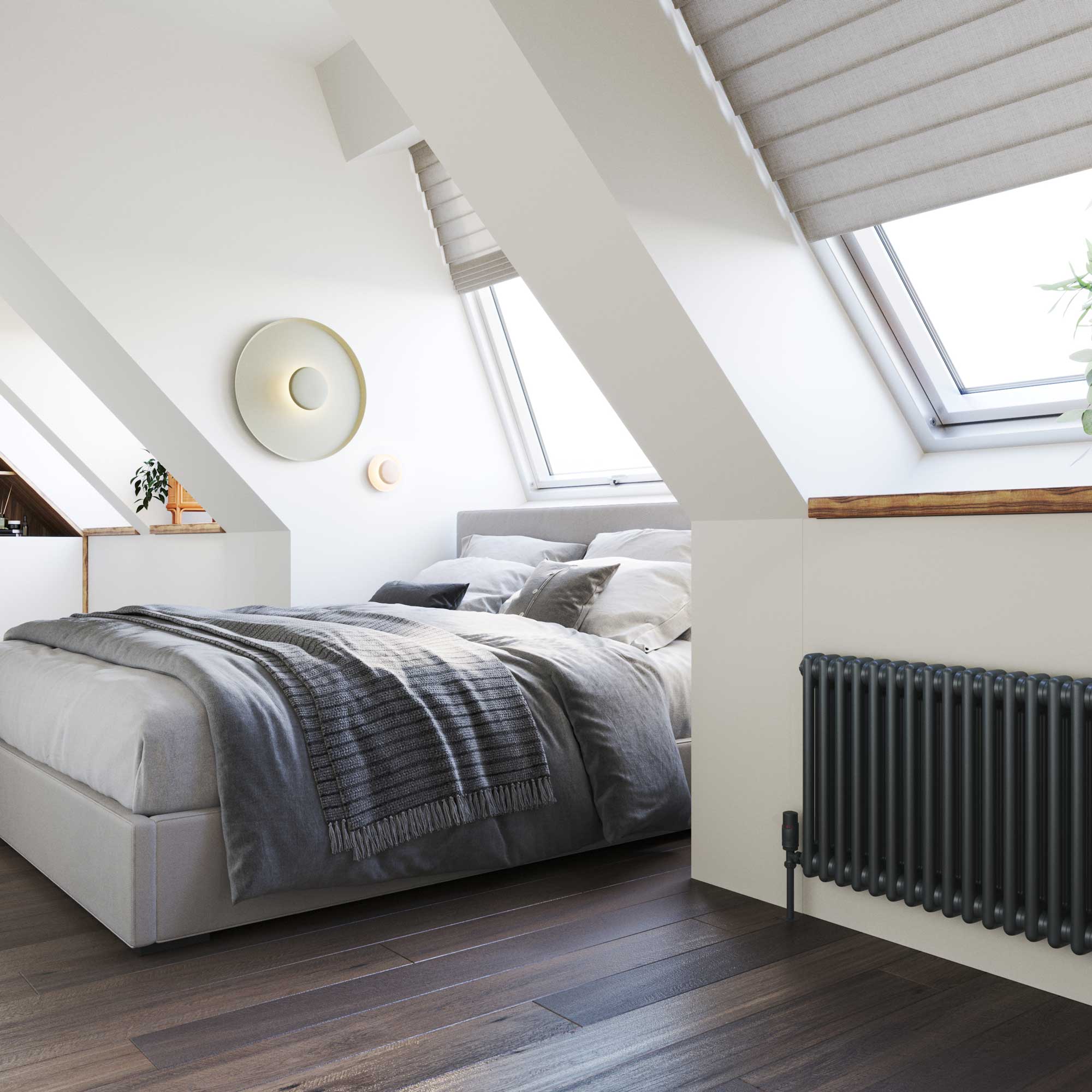 loft conversion bedroom with column radiator
