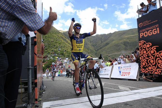 Alberto Contador gets a thumbs up for his victory on Mirador del Sol at the Tour de San Luis