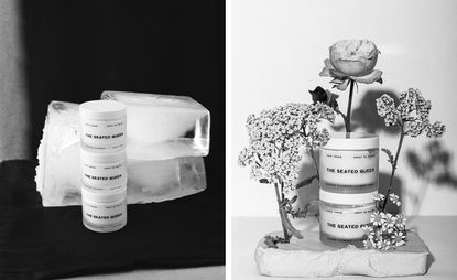 The Seated Queen cold cream in white container next to ice blocks and flowers