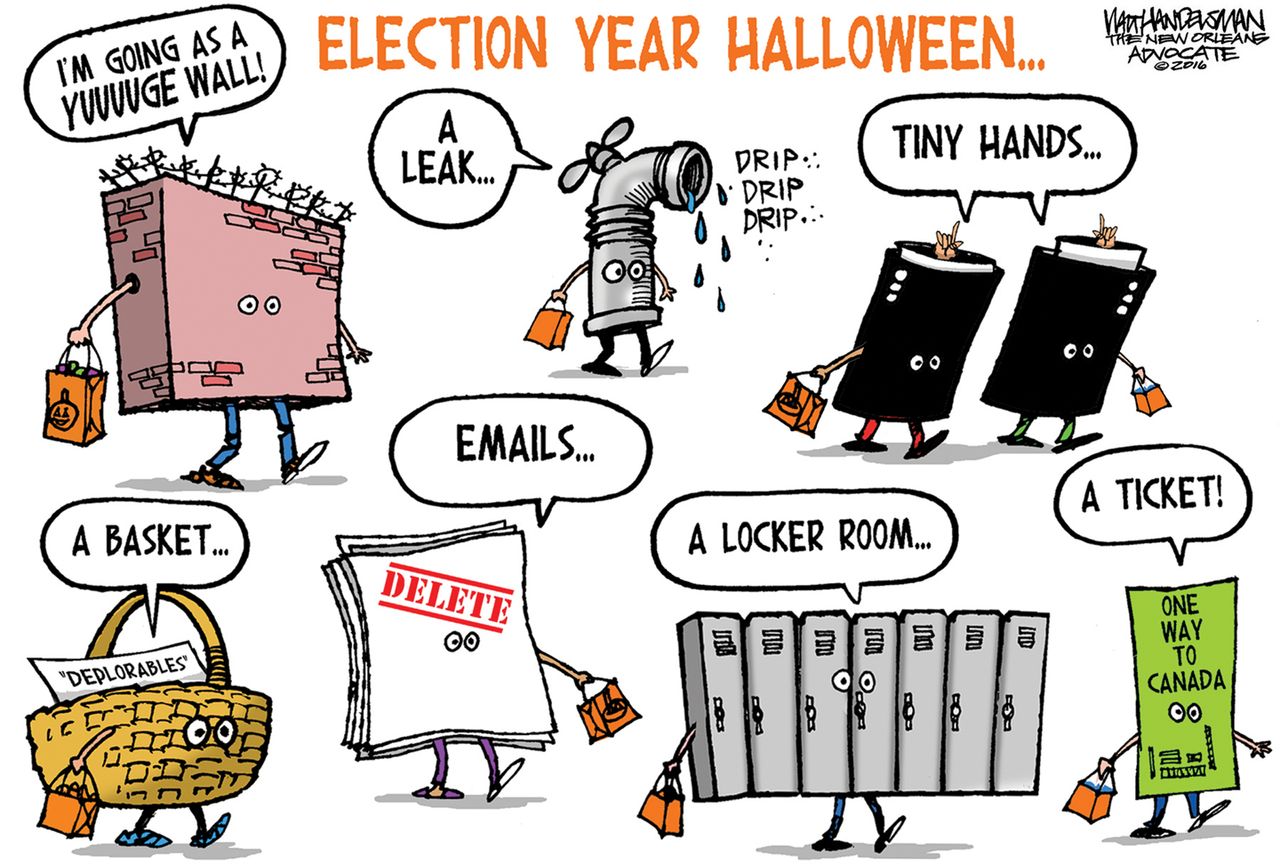 Political cartoon U.S. 2016 election Halloween costume ideas