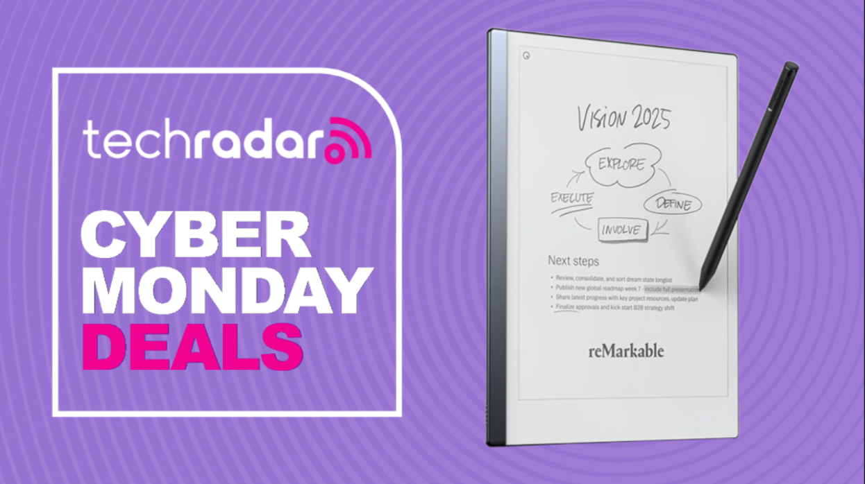 A reMarkable 2 on a purple background next to a TechRadar badge reading &#039;Cyber Monday deals&#039;