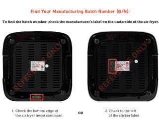 A visual guide on how to find the Cosori air fryer manufacturer batch number (B/N) on the botom of the appliance