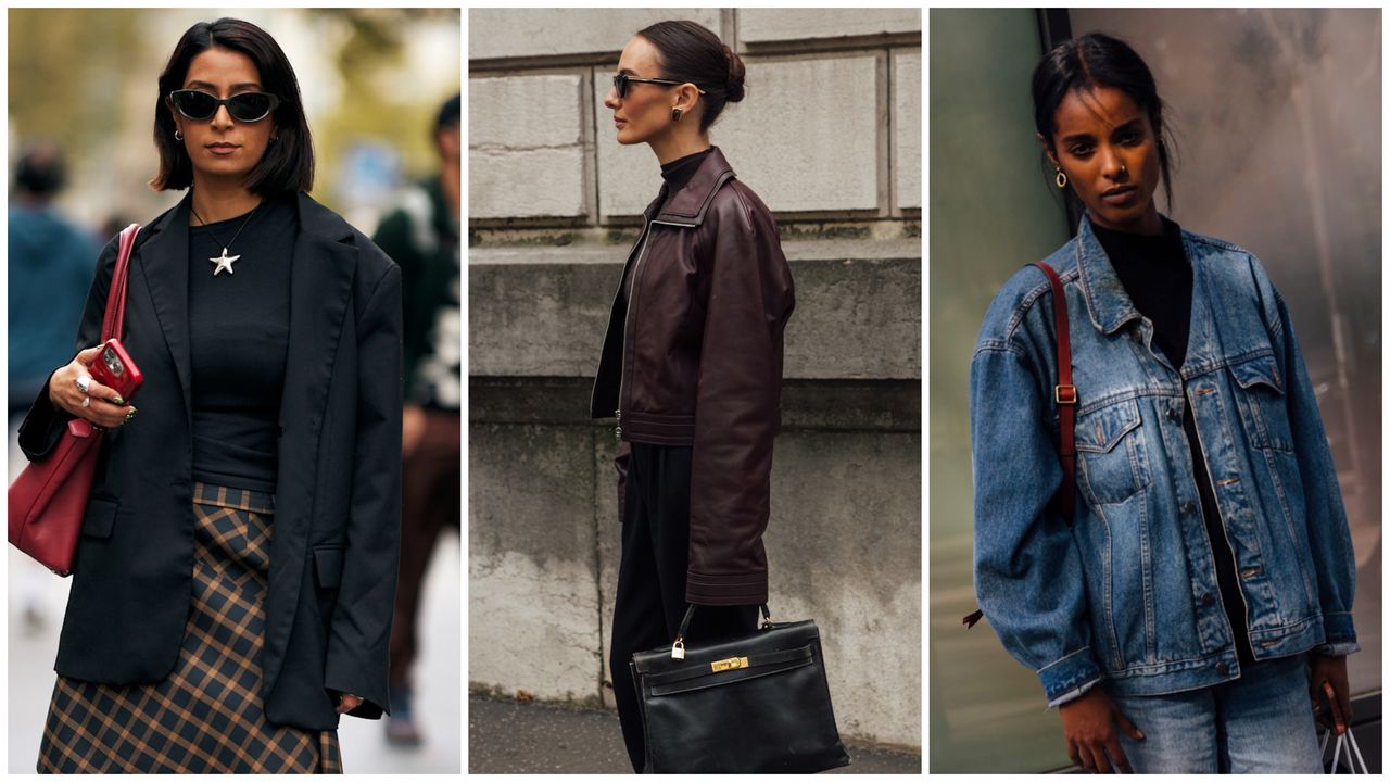 woman wearing blazer, woman wearing leather jacket woman wearing denim jacket 