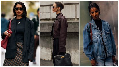 woman wearing blazer, woman wearing leather jacket woman wearing denim jacket 