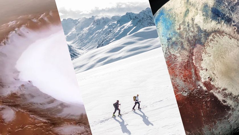 three panel image on the left is a white crater in the middle is two people skiing in snowy mountains and on the right is a close up of pluto with colored surface red, blue and white.
