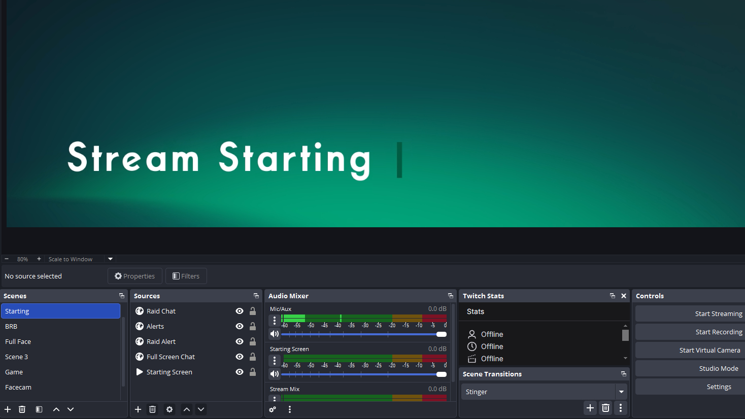 The interface of OBS, showing a stream about to start.