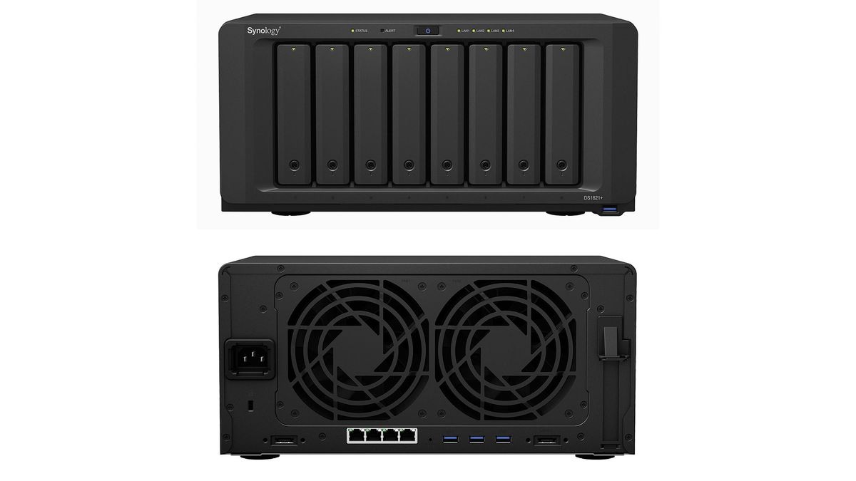 A photograph of the Synology DiskStation DS1821+ front and rear