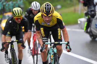 Primoz Roglic chases the pink jersey group during stage 16 at the Giro