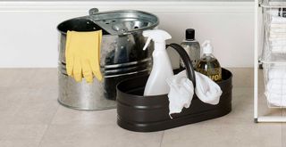 cleaning products in a black metal caddy and stainless steel mop bucket with rubber gloves to show the tools needed to get rid of mould from fabric