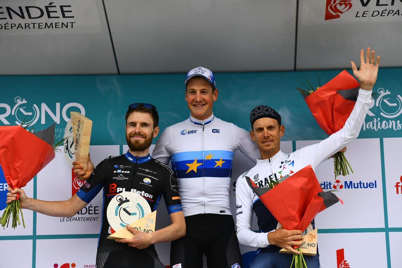 Podium for Le Chrono des Nations elite men (L to R): second place Martin Toft Madsen (BHS-PL Beton Bornholm), winner Stefan K&uuml;ng (Groupama-FDJ), third place Alessandro De Marchi (Israel Start-Up Nation)