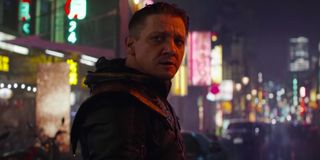 Jeremy Renner as Hawkeye looking back at Scarlett Johansson's Black Widow in Avengers: Endgame