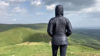 The back of a hiker wearing a blue down jacket looking at the view of the mountains