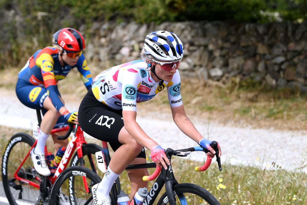 VALDESQUI COMUNIDAD DE MADRID MADRID SPAIN MAY 05 Karlijn Swinkels of The Netherlands and UAE Team ADQ Polka Dot Mountain Jersey competes in the breakaway during the 10th La Vuelta Femenina 2024 Stage 8 a 895km stage from Distrito Telefonica Madrid to Valdesqui Comunidad de Madrid 1860m UCIWWT on May 05 2024 in Valdesqui Comunidad De Madrid Madrid Spain Photo by Alex BroadwayGetty Images