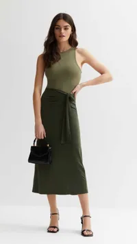 Khaki Jersey Tie Side Midi Skirt, £22.99 ($29) | New Look