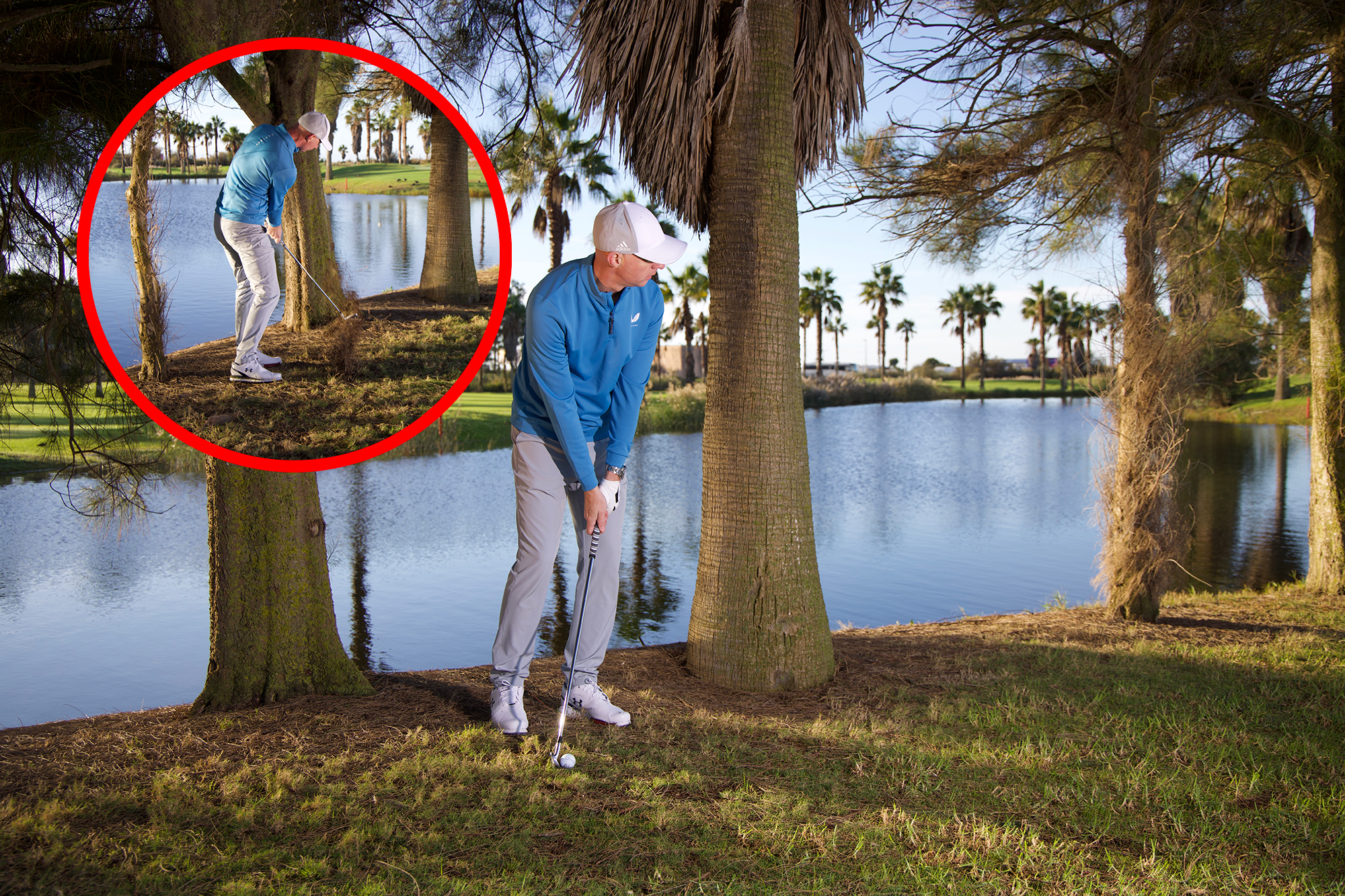 Ged Walters taking his medicine by hitting out to the fairway from the trees with an inset image of Ged incorrectly playing the glory shot through the trees which is a scorecard killer