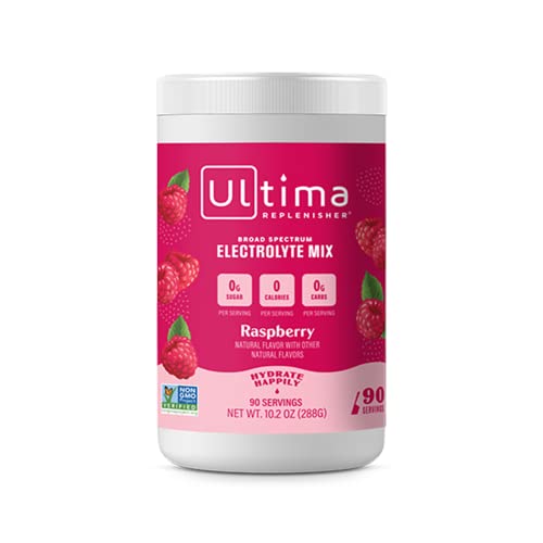Ultima Replenisher Hydration Electrolyte Powder- 90 Servings- Keto & Sugar Free- Feel Replenished, Revitalized- Naturally Sweetened- Non- GMO & Vegan Electrolyte Drink Mix- Raspberry