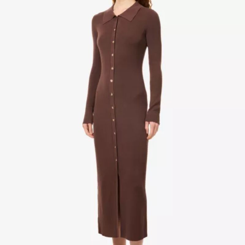 chocolate brown, ribbed knit midi dress